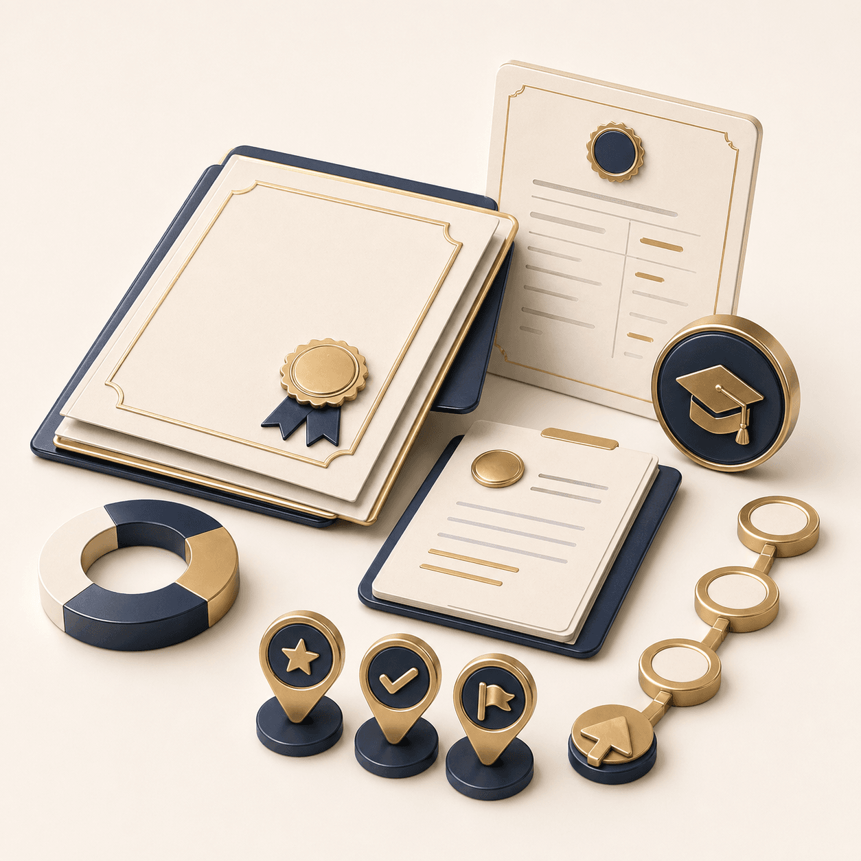 Three-dimensional credential stack with certificate and graduation objects.