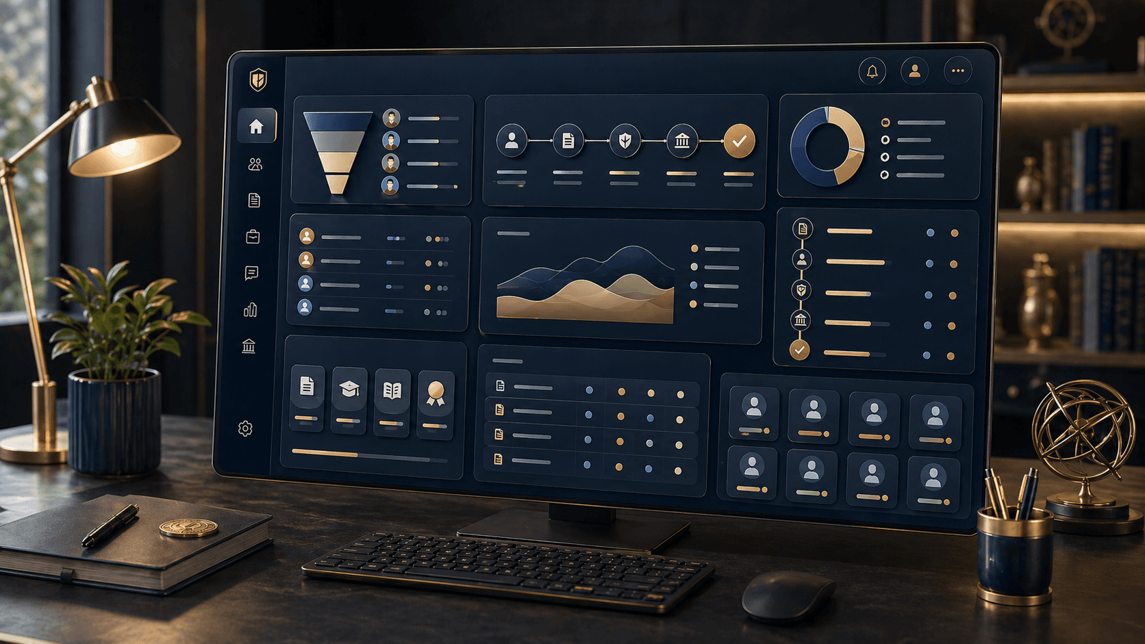 Three-dimensional admin operations console with abstract dashboard panels.