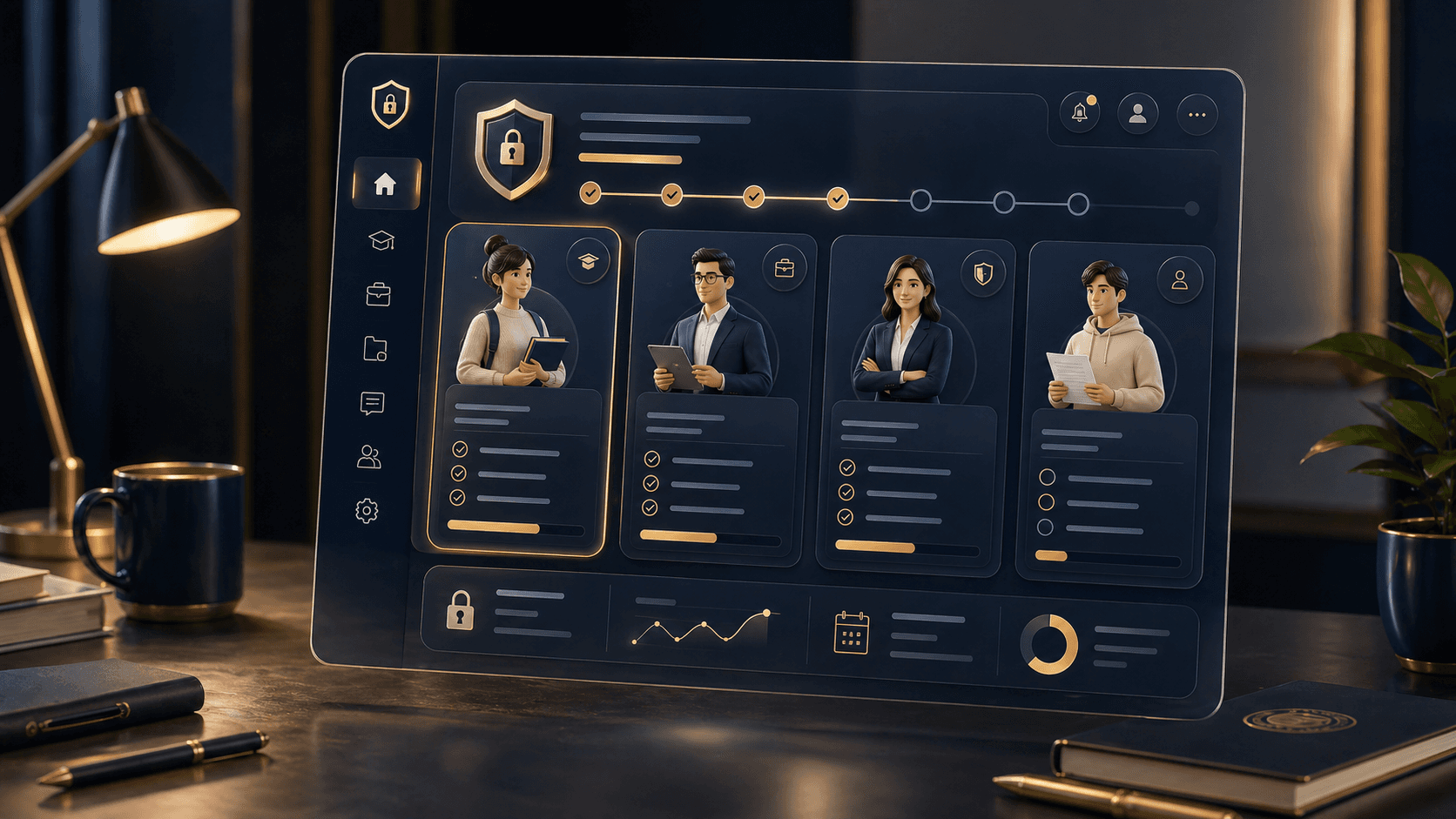 Three-dimensional portal entry dashboard with secure role-aware panels.