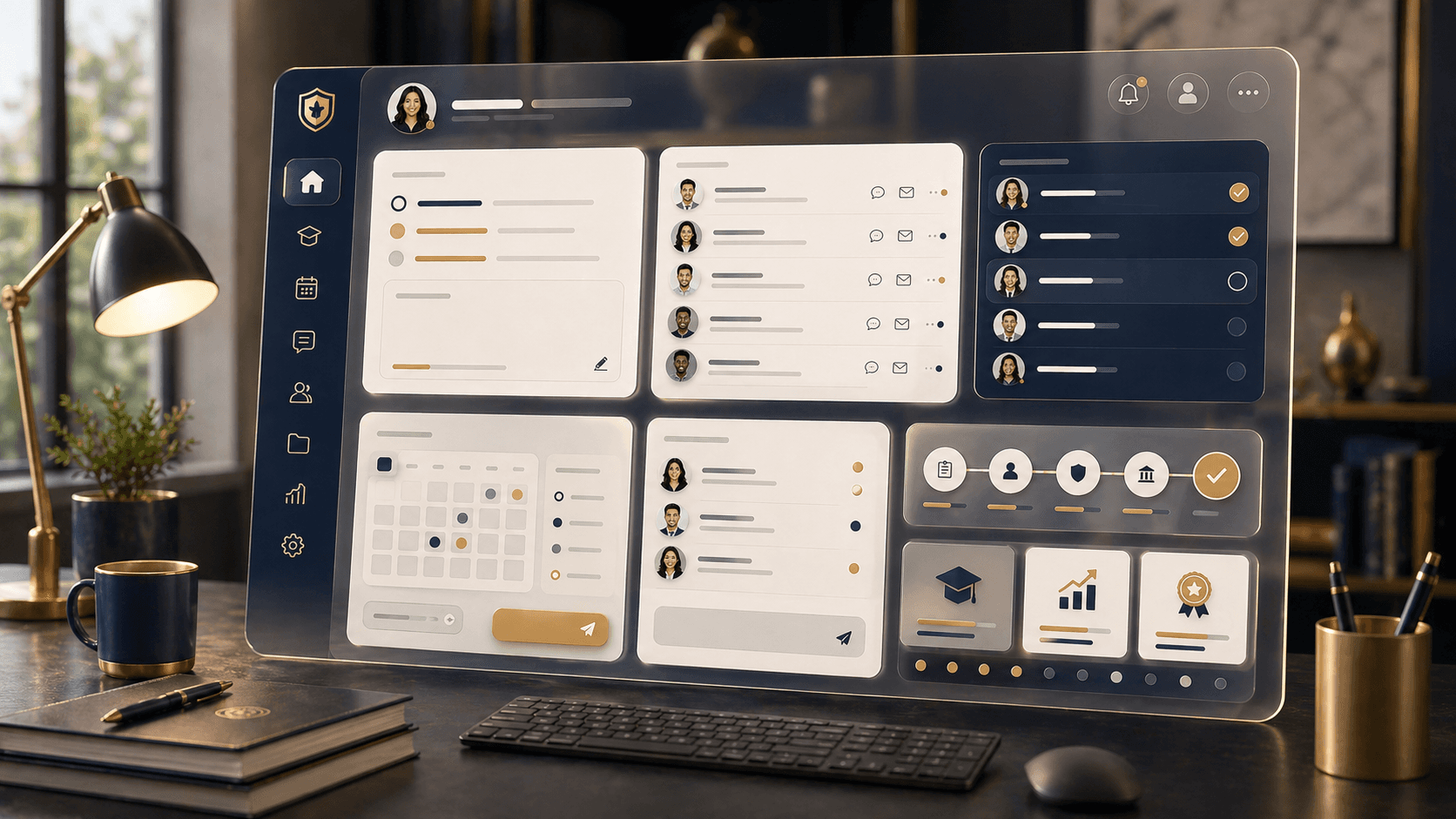 Three-dimensional staff advising console with abstract advising and roster panels.