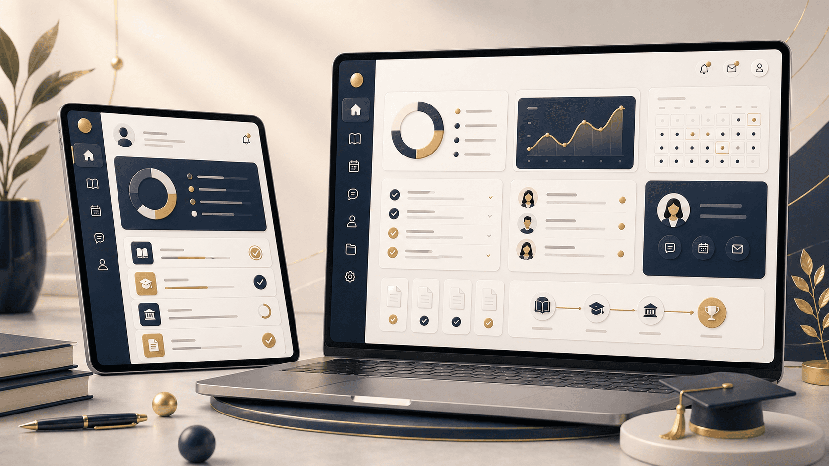 Three-dimensional student dashboard with abstract academic progress panels.