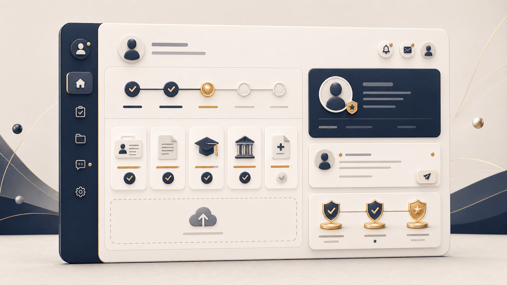 Three-dimensional applicant checklist portal with document and progress cards.